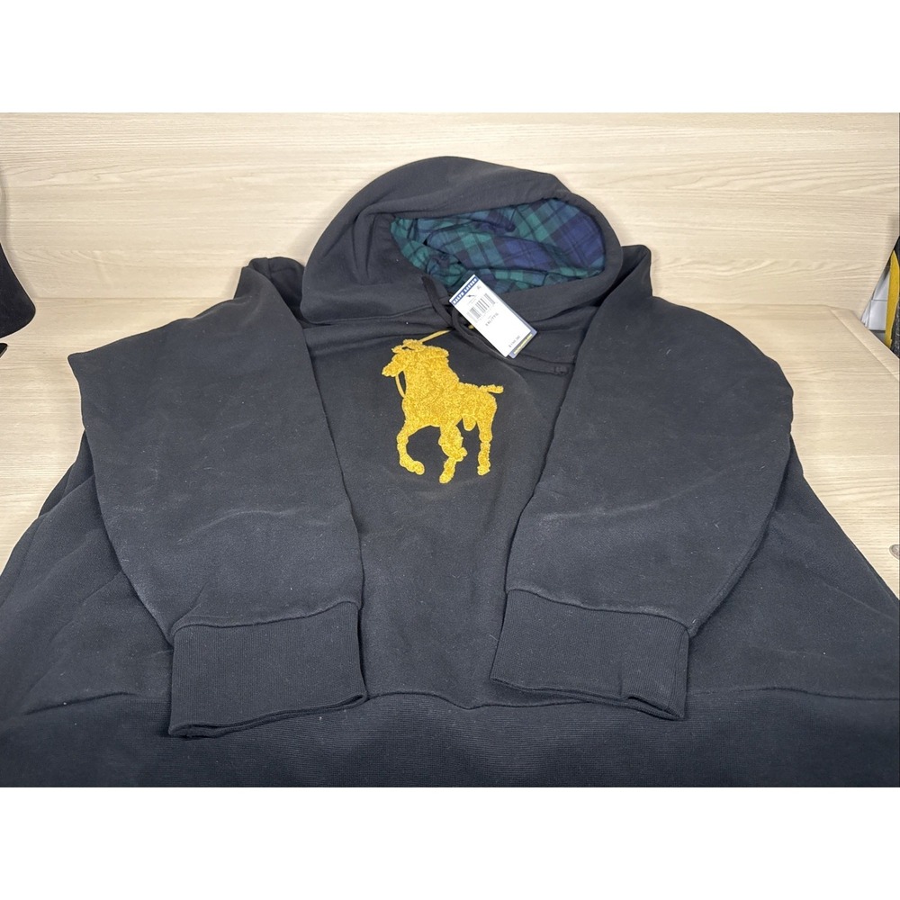 NWT Polo Ralph Lauren Black GOLD CHENILLE BIG‎ PONY Fleece Hoodie Sweatshirt 2XL